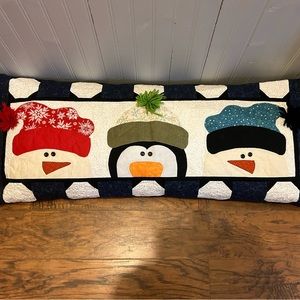 Hand Crafted Quilted Winter Blue & White Bench Pillow with snowmen and penguin.